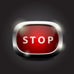 Shiny glass button "stop" on metal frame