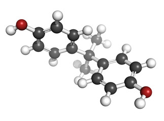 Bisphenol A (BPA) plastic pollutant, molecular model.