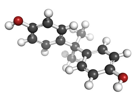 Bisphenol A (BPA) plastic pollutant, molecular model.