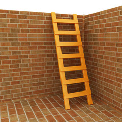 Ladder leans on brick wall