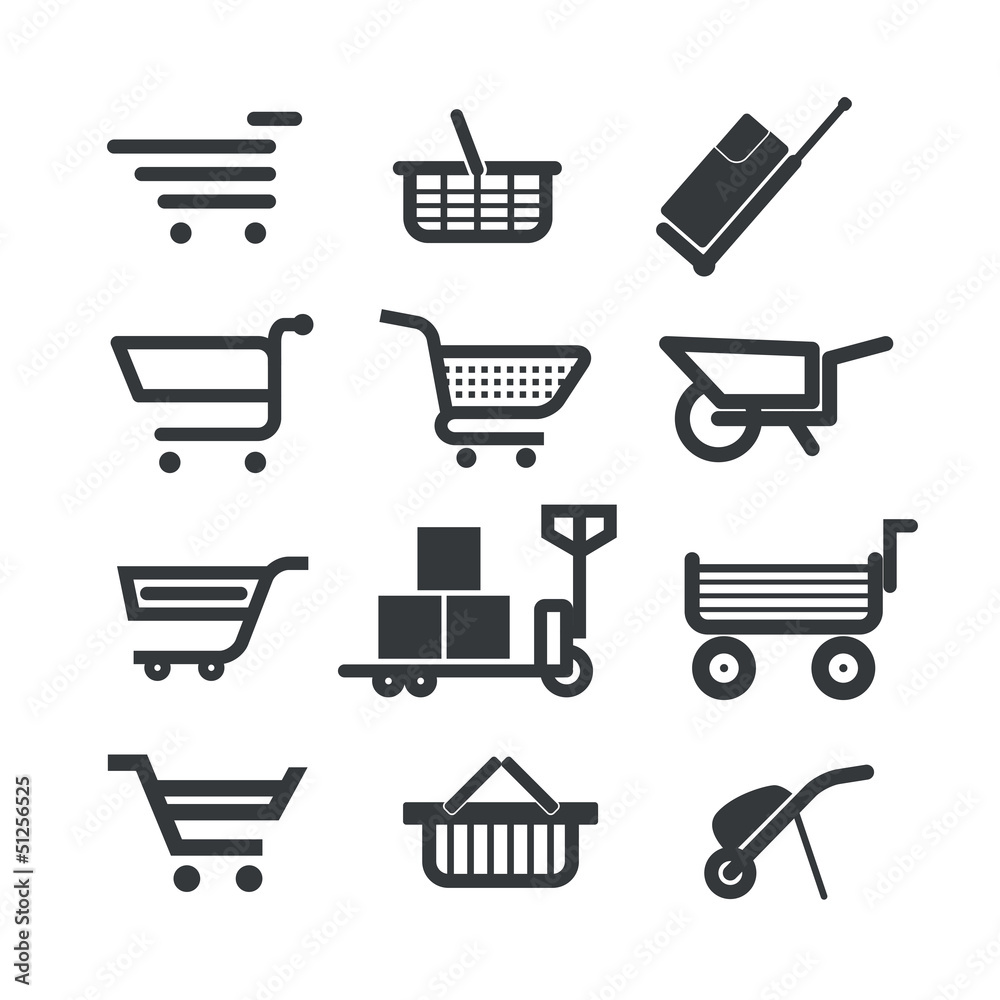 Poster collection of different trolleys and carts isolated on white