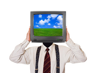 Man with tv screen for head