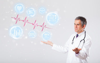 Doctor examinating modern heartbeat graphics