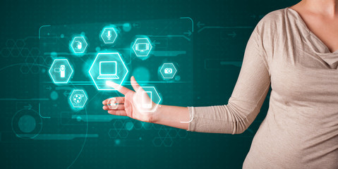 Girl pressing virtual media type of buttons