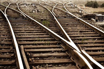 Railway in fog on station, outdoor landscape