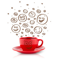 Coffee-cup with brown hand drawn happy smiley faces