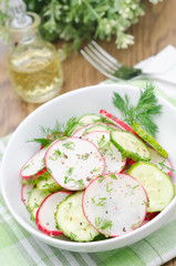 bowl of salad with cucumber, radish and dill closeup vertical