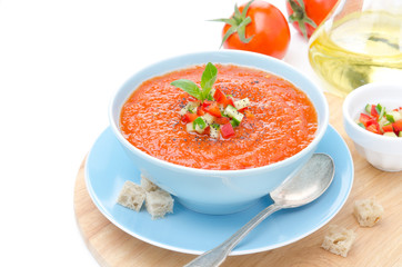 cold tomato soup gazpacho with basil and croutons