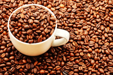 Composition with white cup and coffee beans