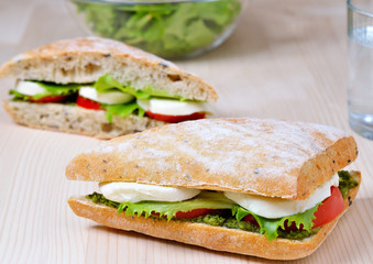 fresh sandwich with mozzarella, tomatoes and pesto