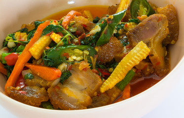 Crispy streaky pork with chilli & Basil leaves (Thai cuisine). .