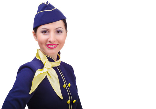 Beautiful smiling stewardess in uniform. Isolated