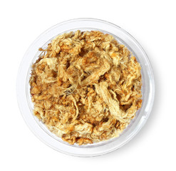 Shredded pork in dish isolated on white background