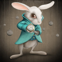 Plakat biały królik z zegarem