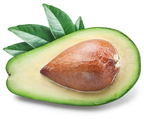 Slice of avocado with leaves.