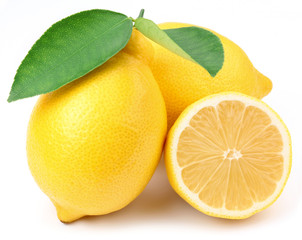 Lemons with leaves. - obrazy, fototapety, plakaty