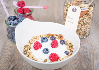 Healthy Breakfast with muesli on textured background