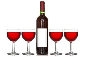 Four wineglass and wine bottle