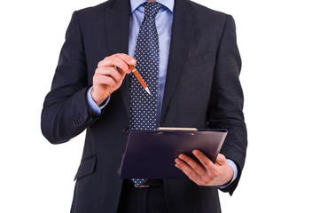 Businessman holding a clipboard.