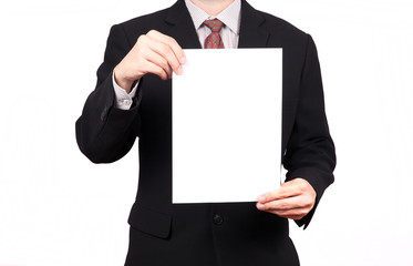businessman holding a blank white board
