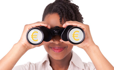 Fototapeta na wymiar Young black / african american business woman using binoculars