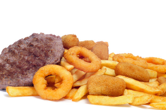 spanish fattening food: burgers, croquettes, calamares and frenc