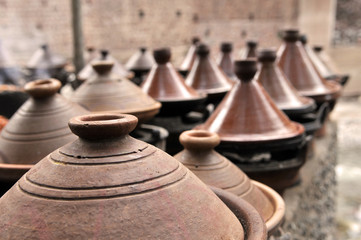 Moroccan tajines ceramic cookware at the market