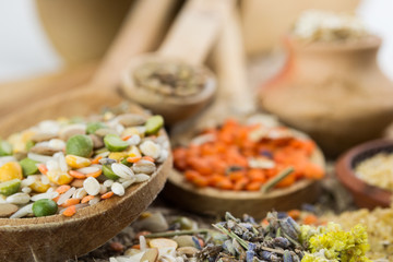 Wooden spoons with different kinds of groats