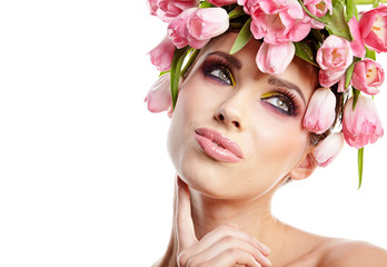 beauty woman portrait with wreath from flowers on head over whit
