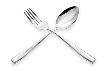 "A spoon and fork isolated on a white background"