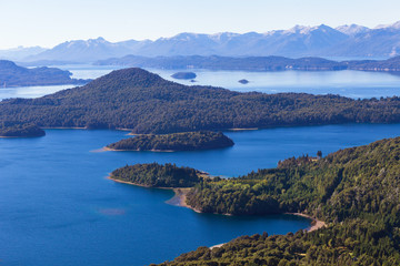 Fototapeta na wymiar View from the mountain Lopez to the Villa Llao Llao, Bariloche