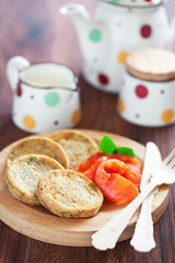 Oatmeal pancakes with herbs, selective focus