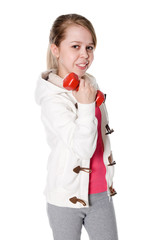 Shot of a sporty girl with dumbbells.