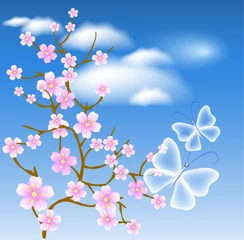 Crédence de cuisine en verre imprimé Papillon Arbre en fleurs sur fond de nuages