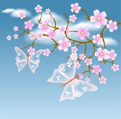 Photo sur Plexiglas Papillon Arbre en fleurs sur fond de nuages