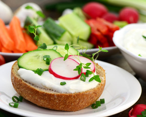 Brötchen mit Quark,Gurke, Radieschen