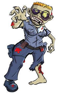 Cartoon zombie police woman, isolated on white