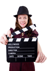 Woman gangster with movie board on white