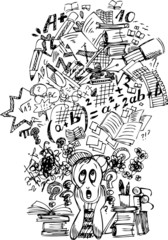 Very busy stressed schoolboy in black and white