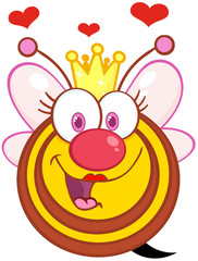 Happy Queen Bee Cartoon Mascot Character With Hearts
