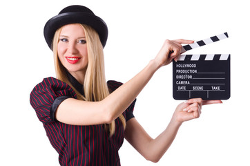 Woman gangster with movie board on white
