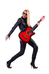 Fototapeta premium Woman guitar player in leather costume