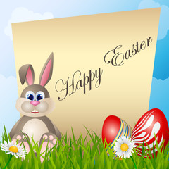 Easter card with cartoon bunny and eggs