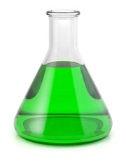 Chemical laboratory flask with green liquid isolated on white