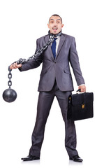 Businessman with shackles on white