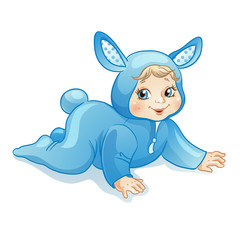 Funny baby in bunny costume.