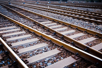 Railway in fog on station, outdoor landscape