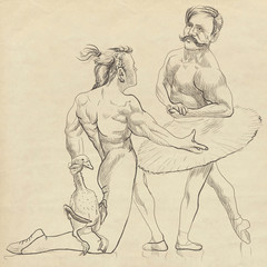 Two bodybuilders dancing in ballet.