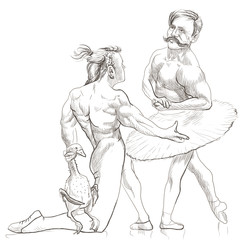 Two bodybuilders dancing in ballet.
