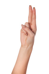 Hand gesture number four closeup isolated on white